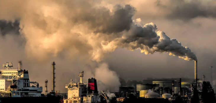 Photo of a coal fired power plant adjacent to a water body.